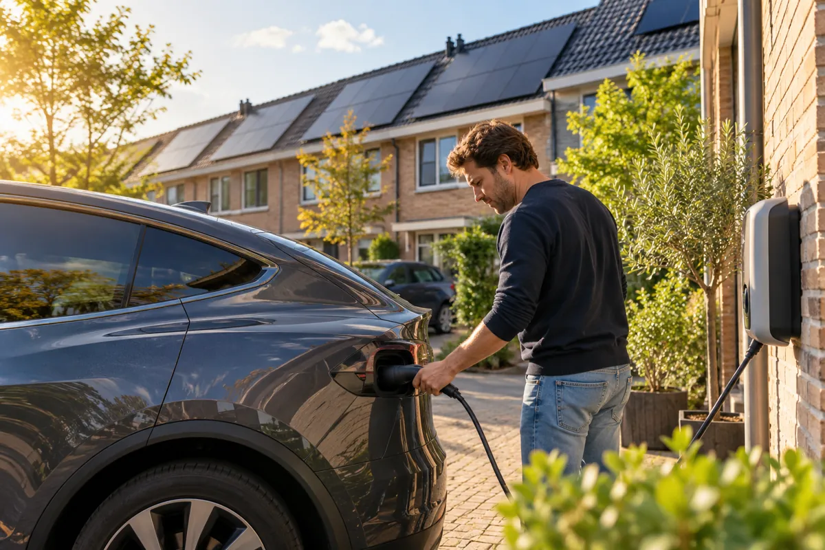 Een elektrische auto laadt aan een laadpaal voor een huis met zonnepanelen