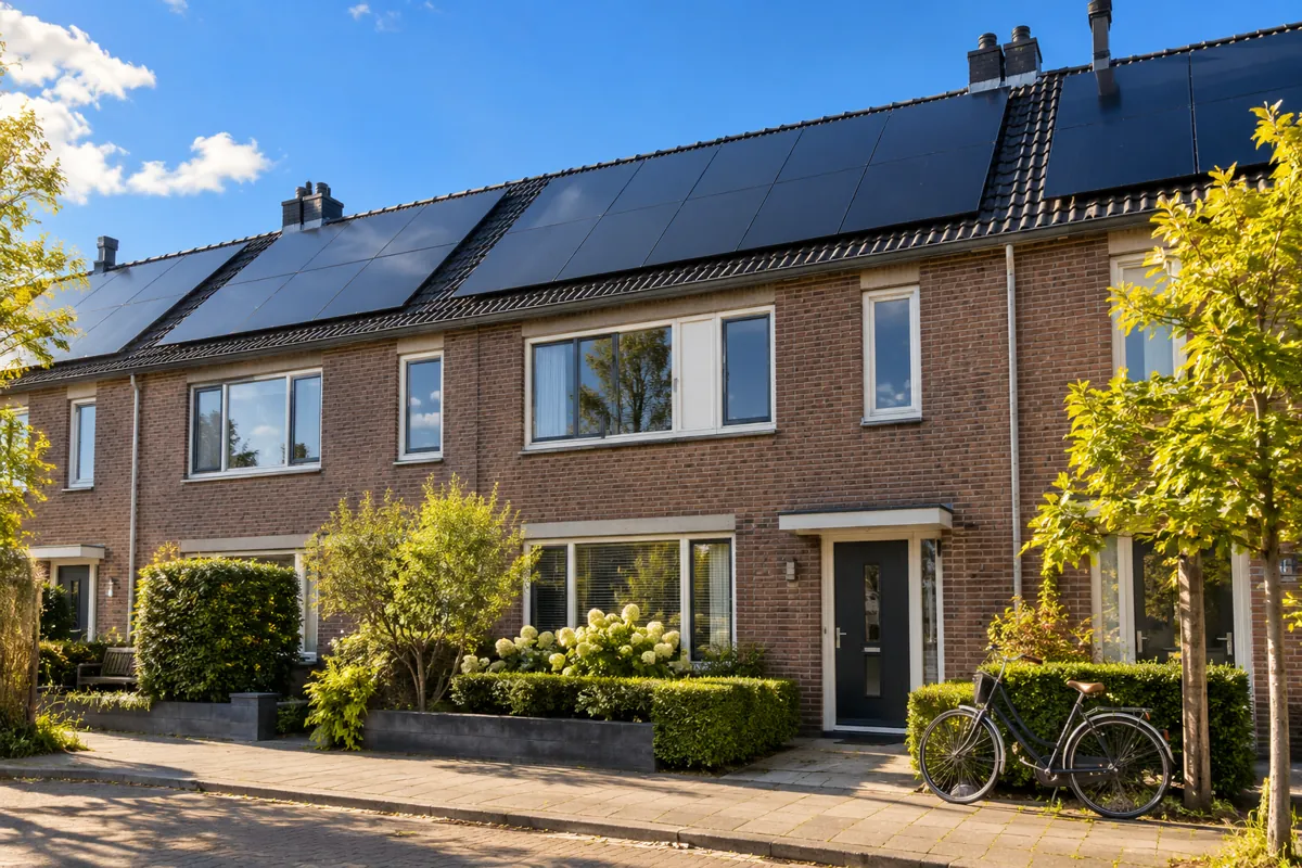 Een Nederlandse tussenwoning met zwarte zonnepanelen op het dak