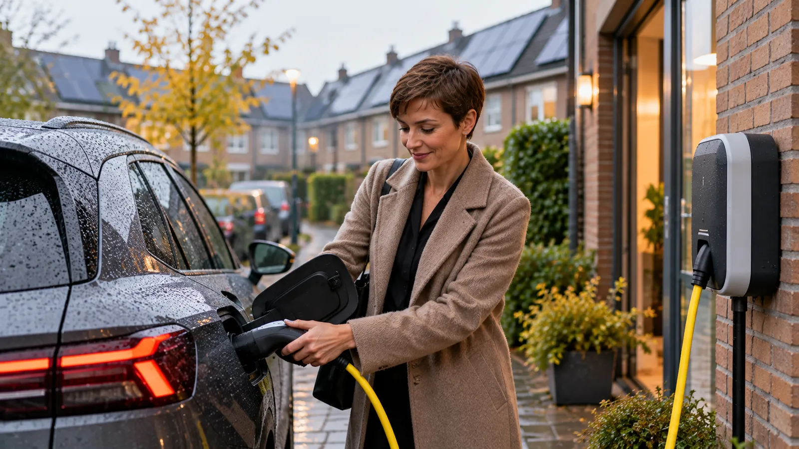 Een elektrische auto laadt bij een laadpaal aan huis, met zonnepanelen op het dak