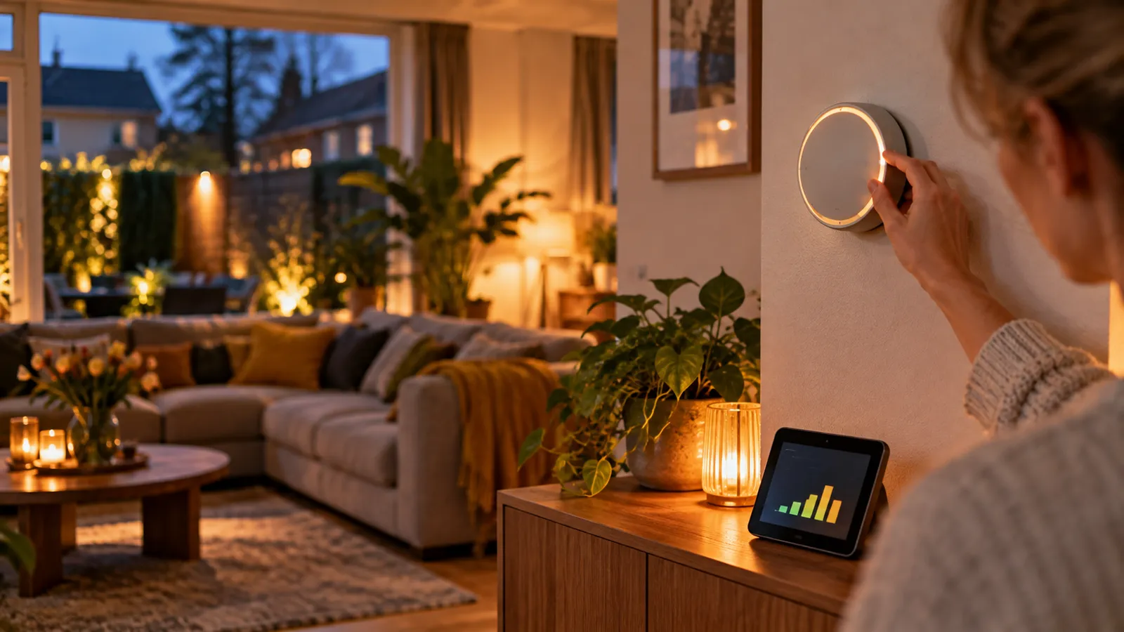 Een slimme thermostaat aan de muur in een huiskamer