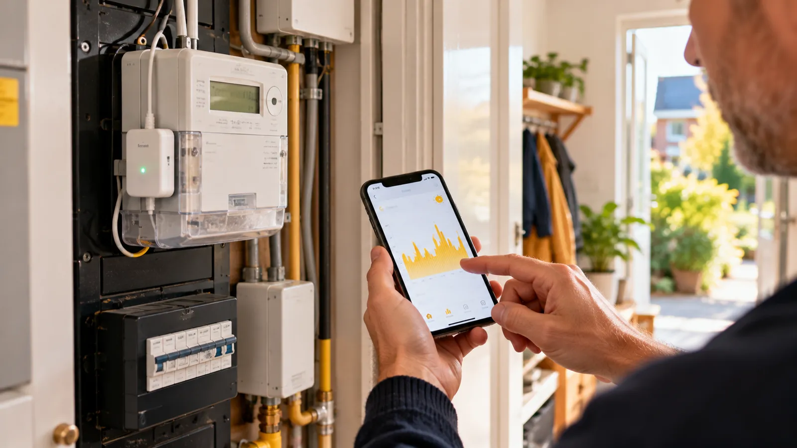 Iemand bekijkt op de telefoon het verbruik naast de slimme meter in de meterkast