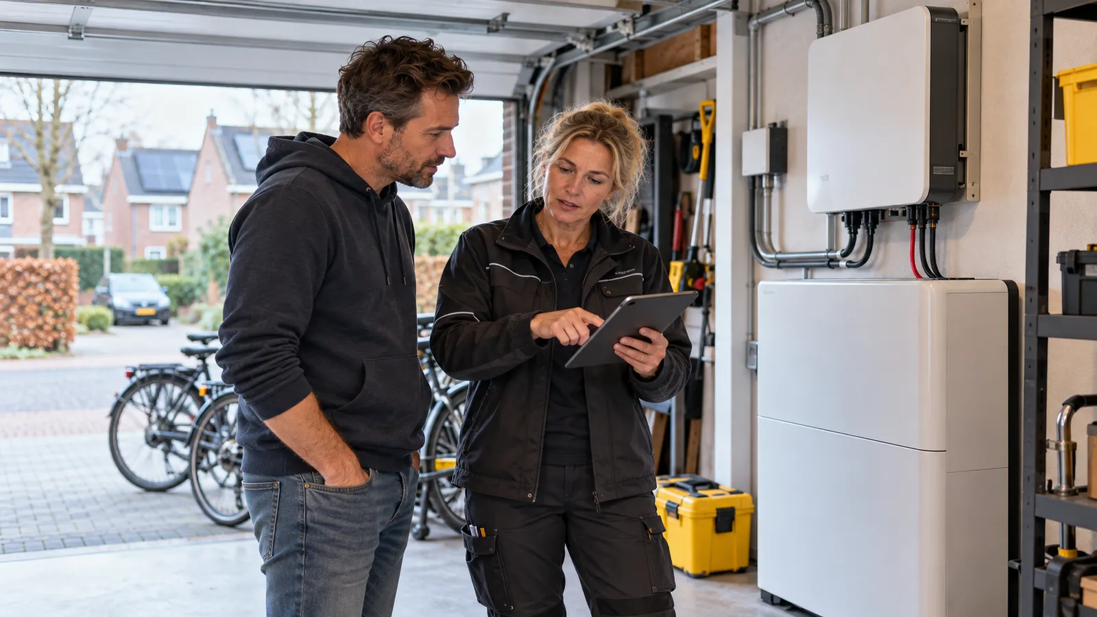 Een installateur laat een man in de garage op een tablet zien hoe zijn thuisbatterij werkt