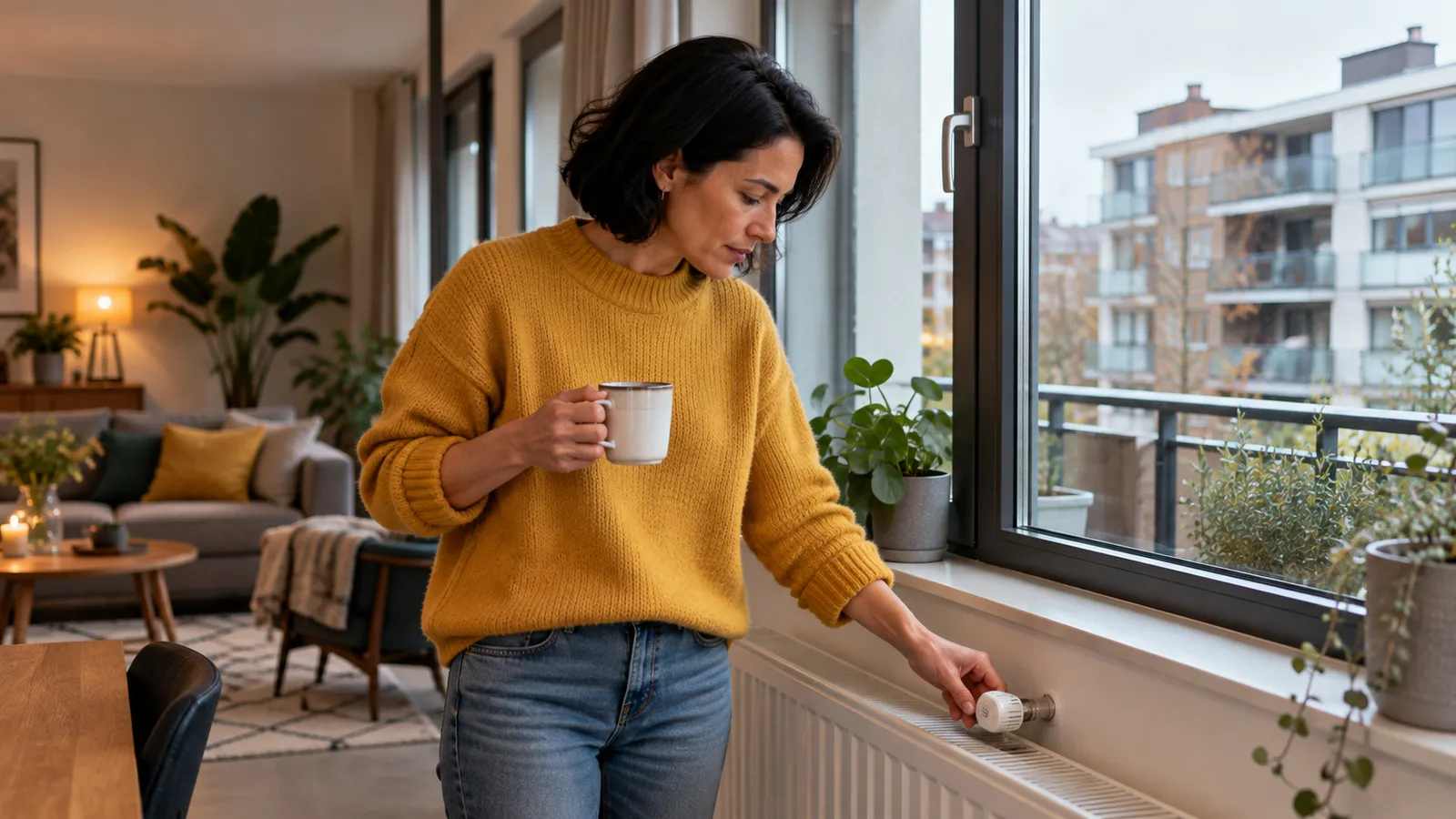 Een vrouw in een appartement zet met een kop koffie in haar hand de radiator lager