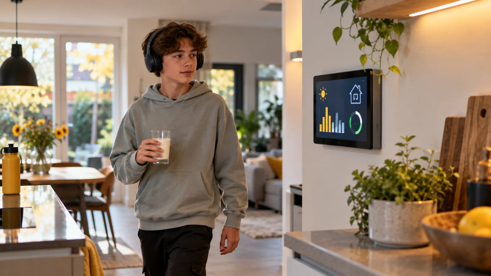Een tiener loopt door de keuken langs een scherm aan de muur dat het energieverbruik en de zonnestroom van het huis toont