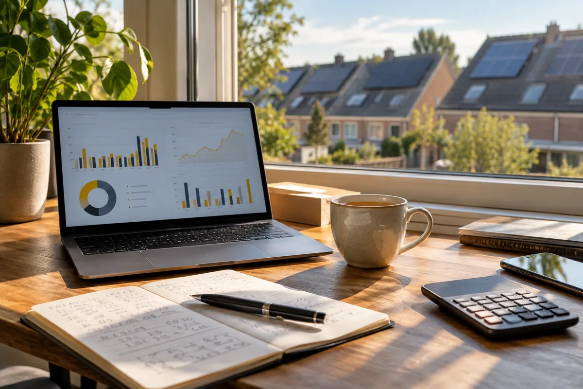 Een bureau met een laptop met grafieken en een schrift met berekeningen, bij een raam met uitzicht op daken met zonnepanelen
