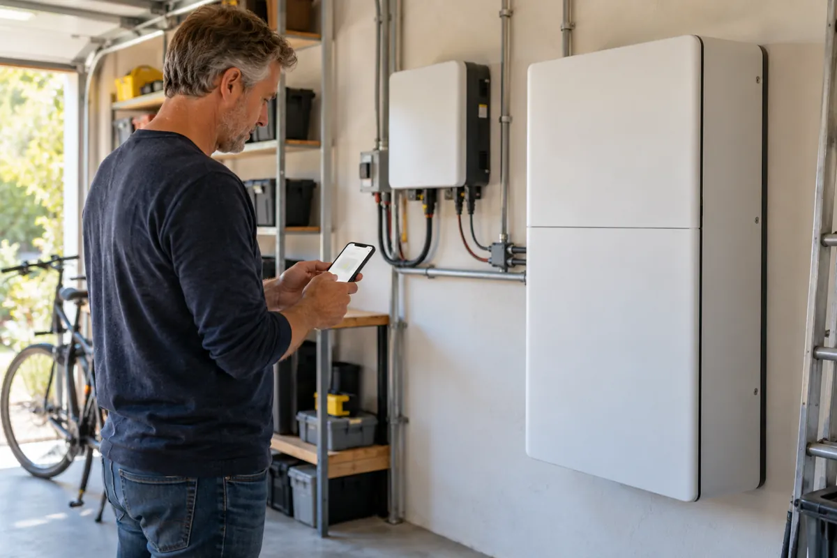 Iemand bekijkt een app naast een thuisbatterij en omvormer in de garage